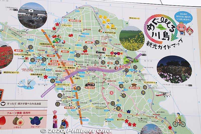 Sightseeing map of Kawajima town in Saitama Prefecture. Looks like it has a lot to see.
Keywords: saitama Kawajima toyama memorial museum house