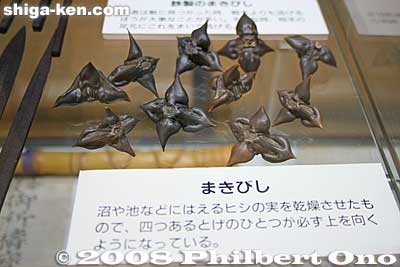 Maki-bishi spikes thrown on the ground to poke your feet. These are made from dried water chestnuts (aquatic plant found in marshes). One of the four spikes will point upward.
Keywords: shiga koka koga ninja ninjutsu house yashiki estate