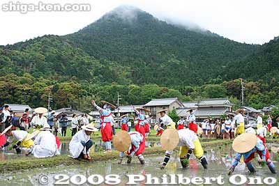 The rice paddy actually consists of four square paddies divided by cross-shaped ridges. When you see it from above, it looks like the kanji "ta" 田 which means rice paddy.
Keywords: shiga yasu rice paddy paddies planting festival o-taue matsuri